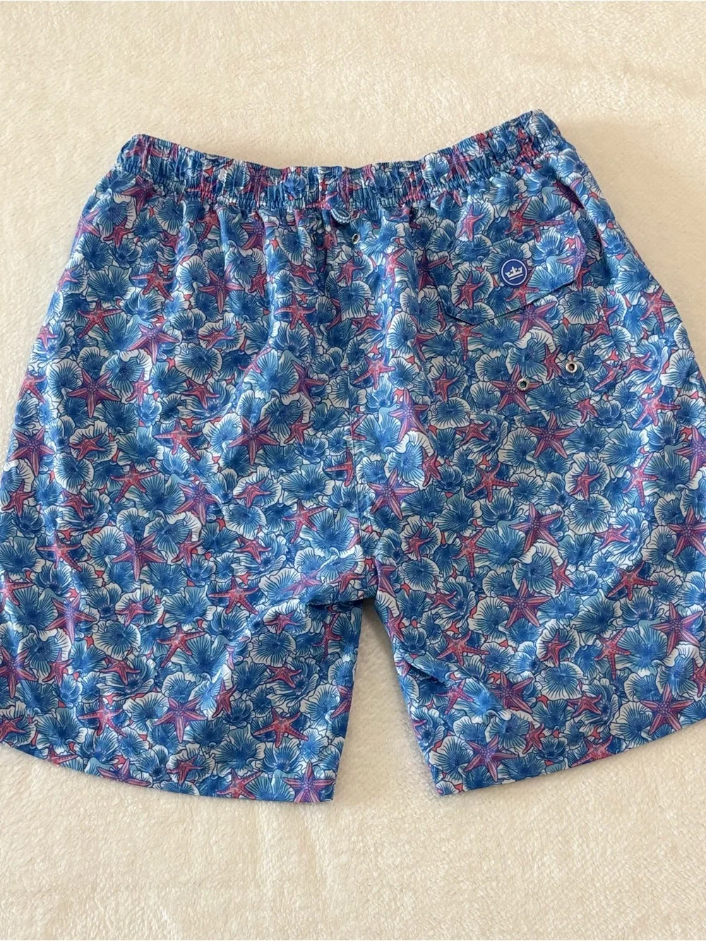Peter Millar Blue and Pink Starfish Print Swim Trunks